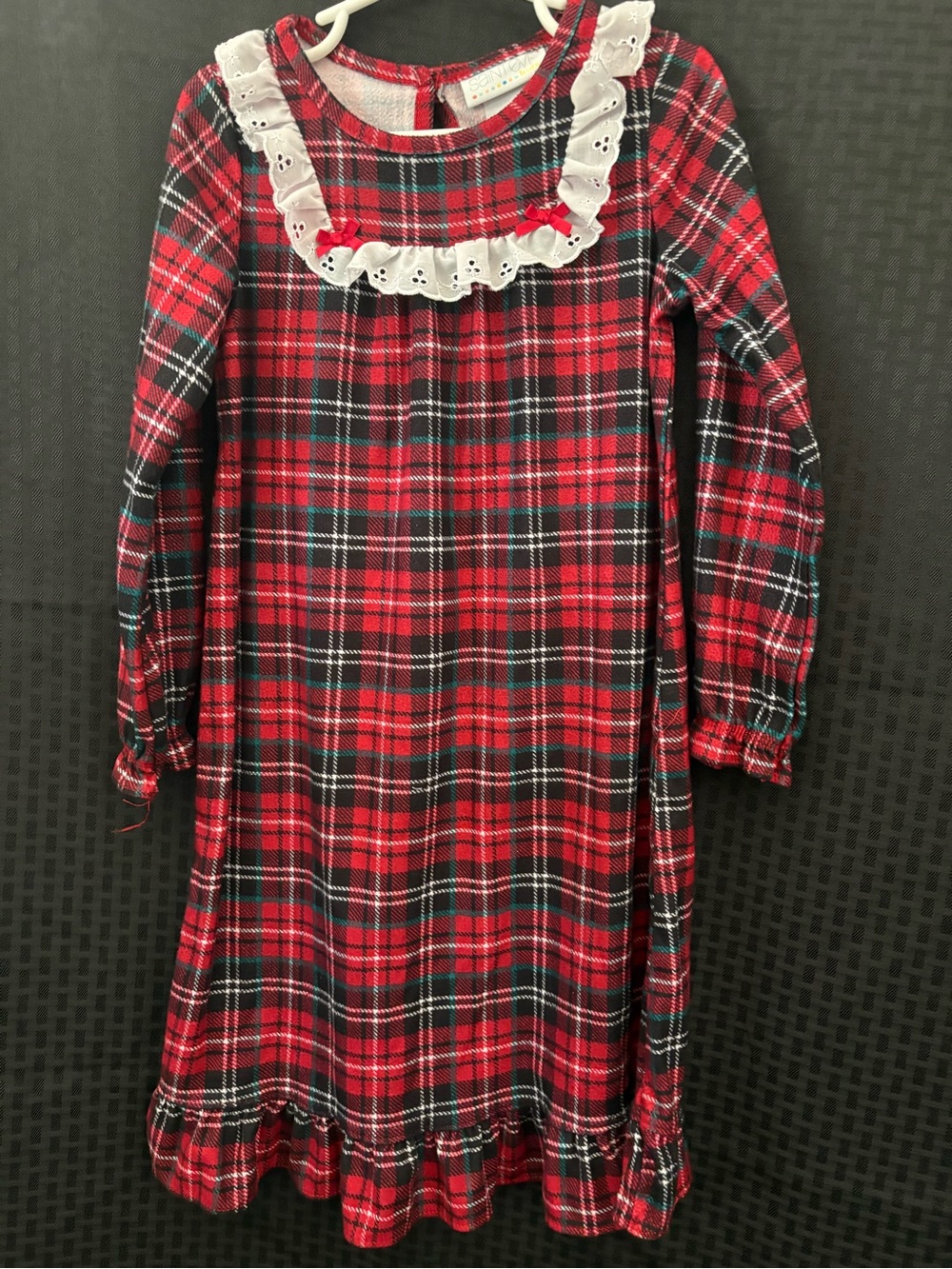 Girls' Red Plaid Long-Sleeve Nightgown with Eyelet Ruffle